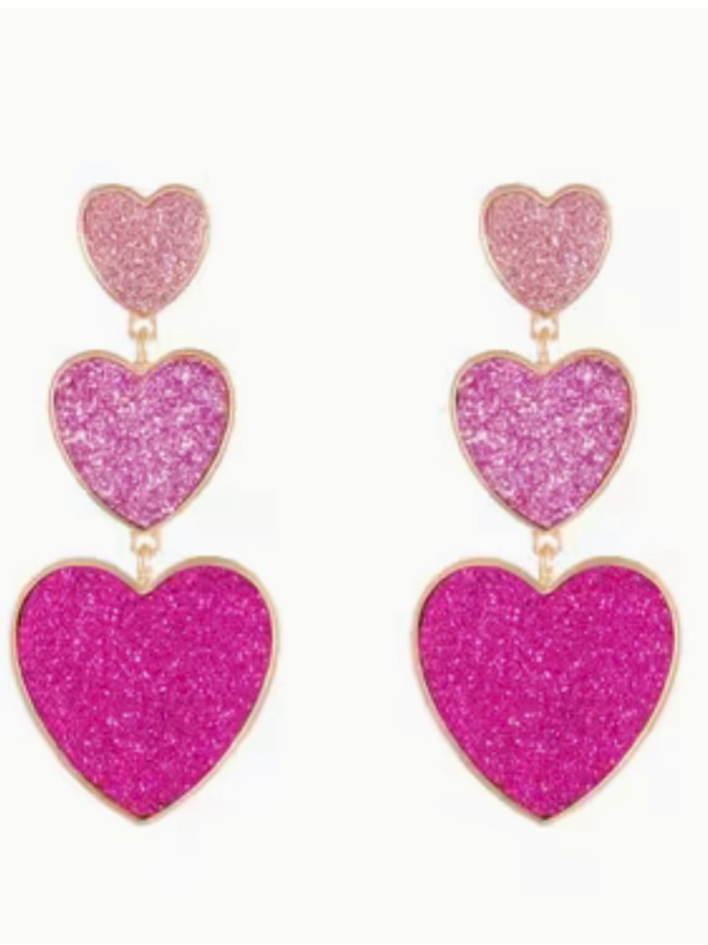 Triple Heart Drop Earrings - Pink Glitter